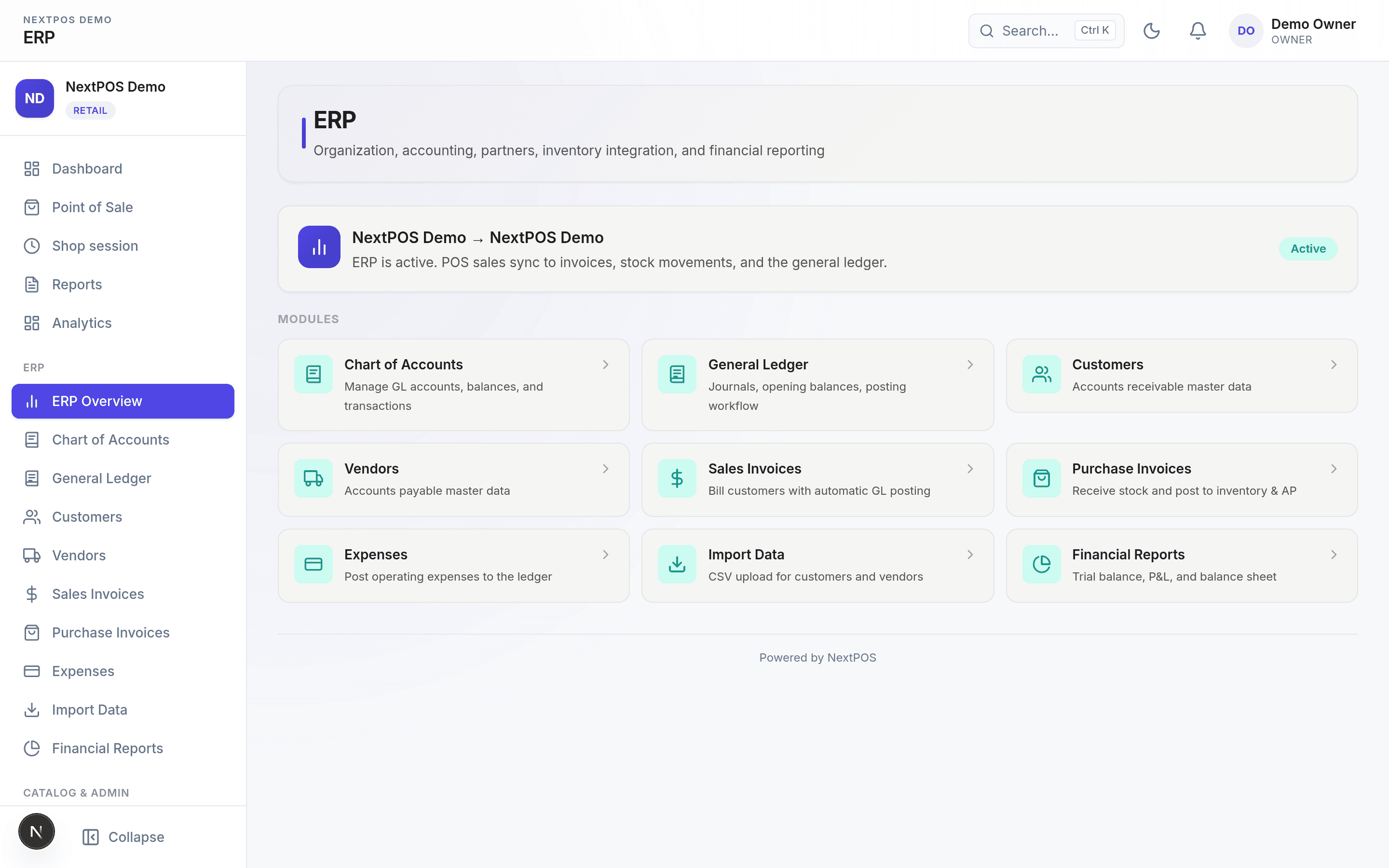 ERP Overview — Finance, partners, and inventory in one hub