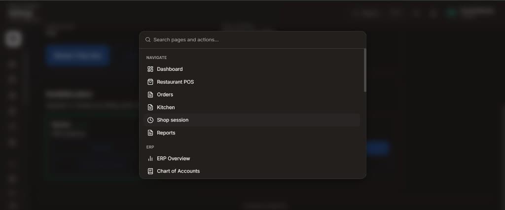 Quick navigation — Jump to POS, orders, kitchen, reports, or ERP with Ctrl+K search