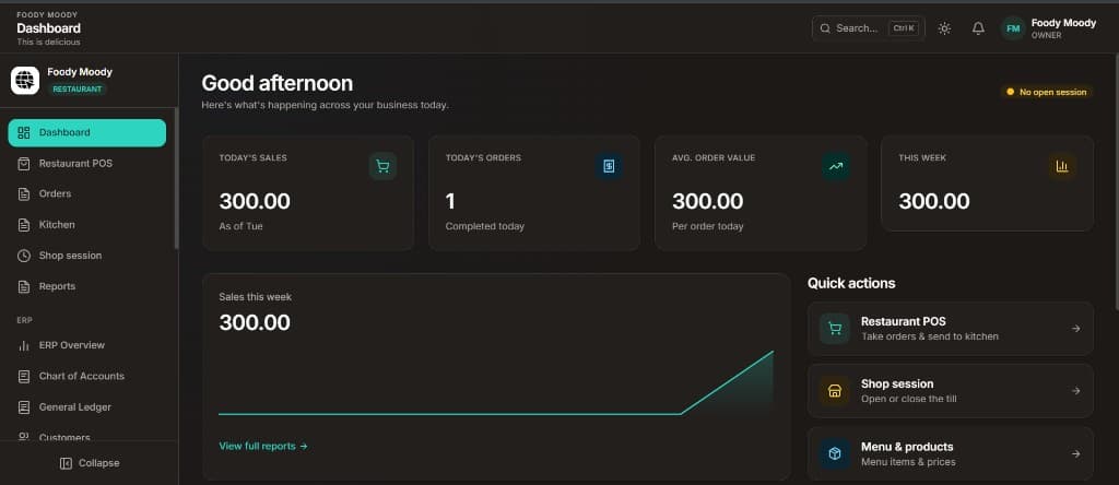 Restaurant dashboard with today's sales, orders, and quick actions