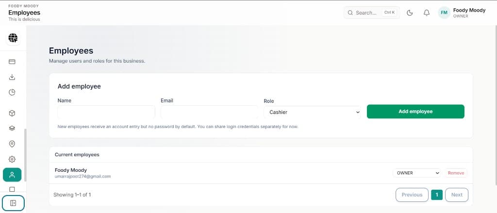 Employees — Add staff, assign roles, and control access per location