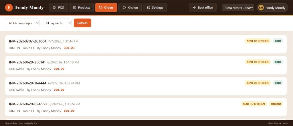 Live Orders — Track kitchen status, payments, and table assignments