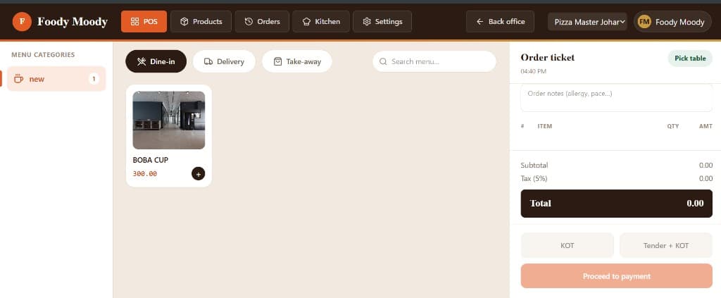 Restaurant POS — Dine-in, delivery, and takeaway with menu categories and KOT