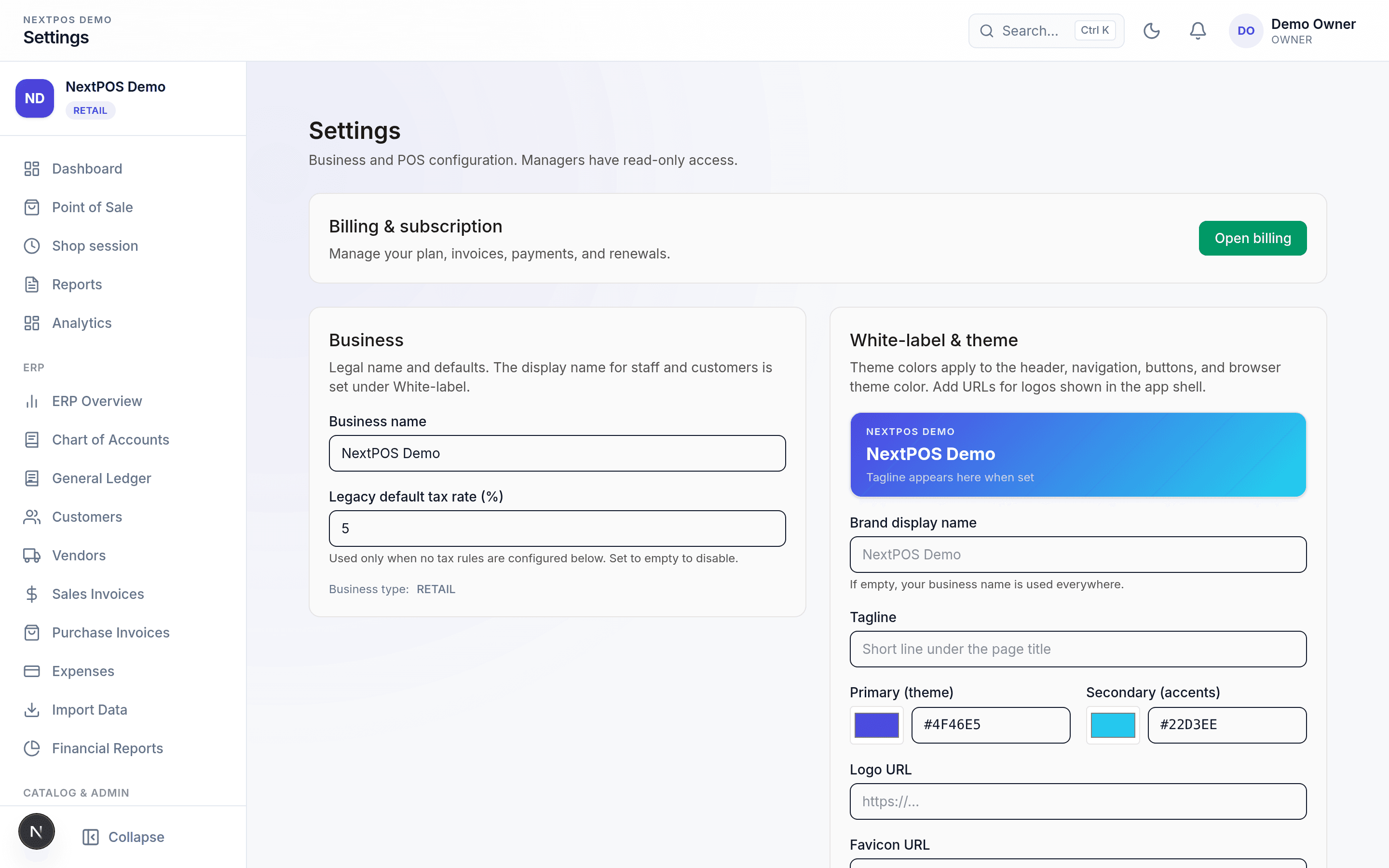 NextPOS settings with white-label branding and theme customization